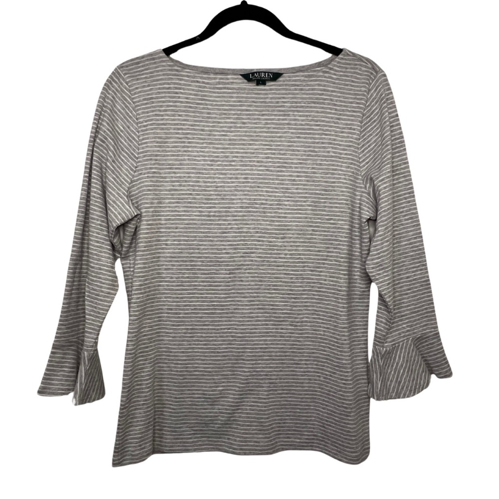 EUC Women’s Ralph Lauren Grey Striped 3/4 Bell Sleeve Women's Top Size L